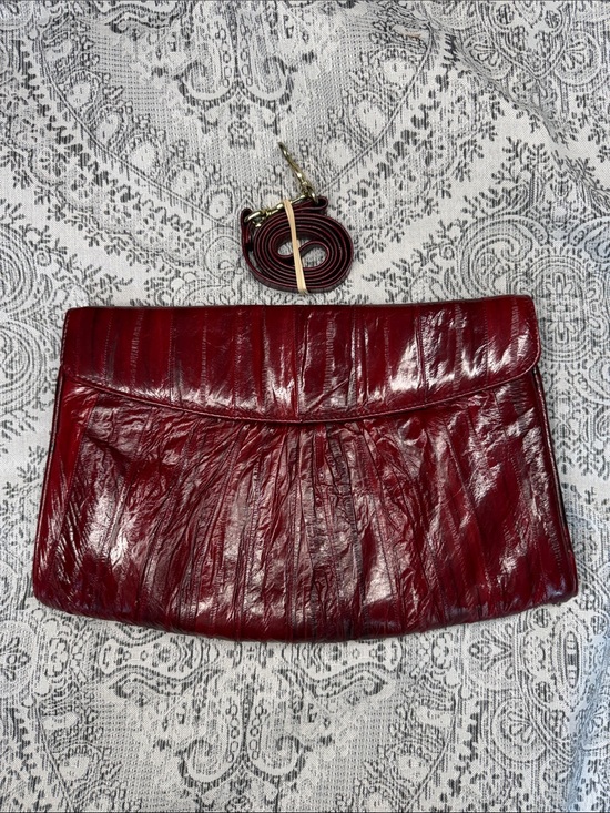 Handbags - EEL Skin Fold-Over Clutch in Deep Red w- Detachable Strap - 8x12